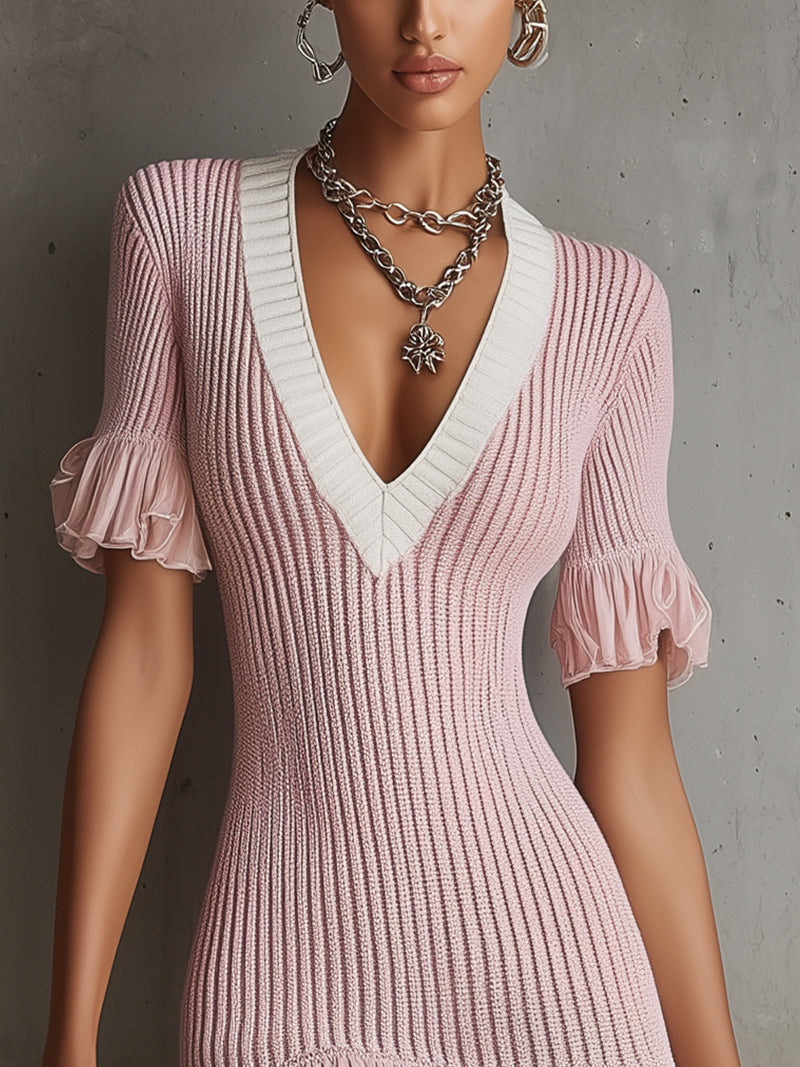 Pink Knit Mini Dress With Deep V-Neck And Ruffled Hem
