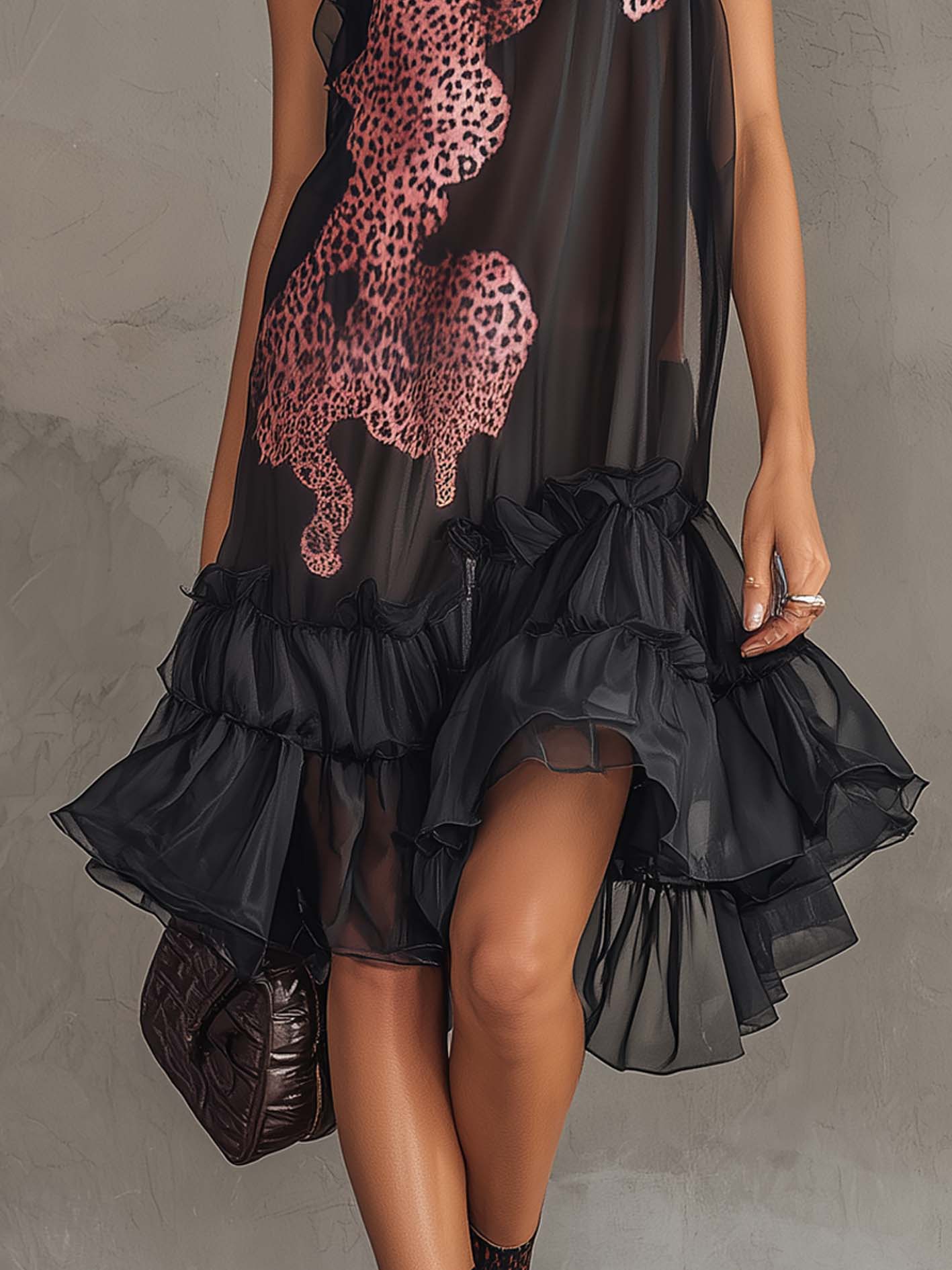 Black Chiffon Ruffled Asymmetric Leopard Midi Dress