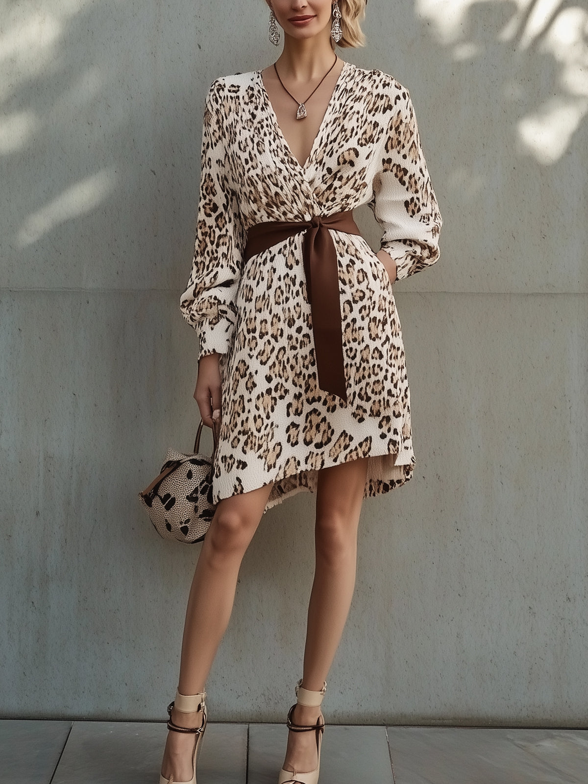 Ivory Leopard Print Textured Wrap V-Neck Long Sleeve Mini Dress