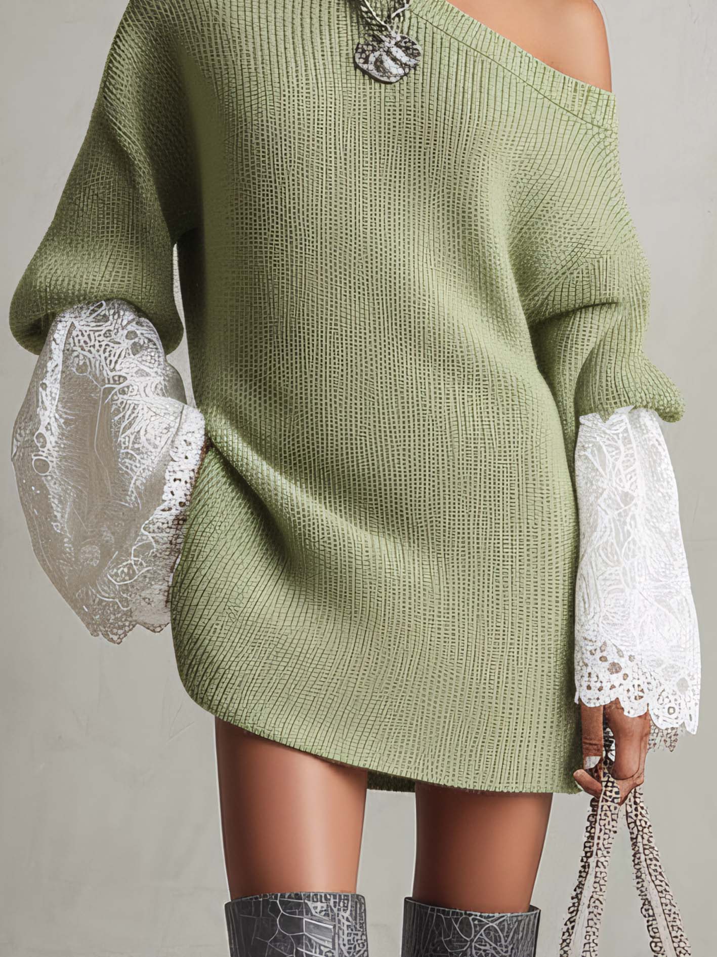 One Shoulder Light Green Knit Mini Dress With Lace Sleeve Patchwork