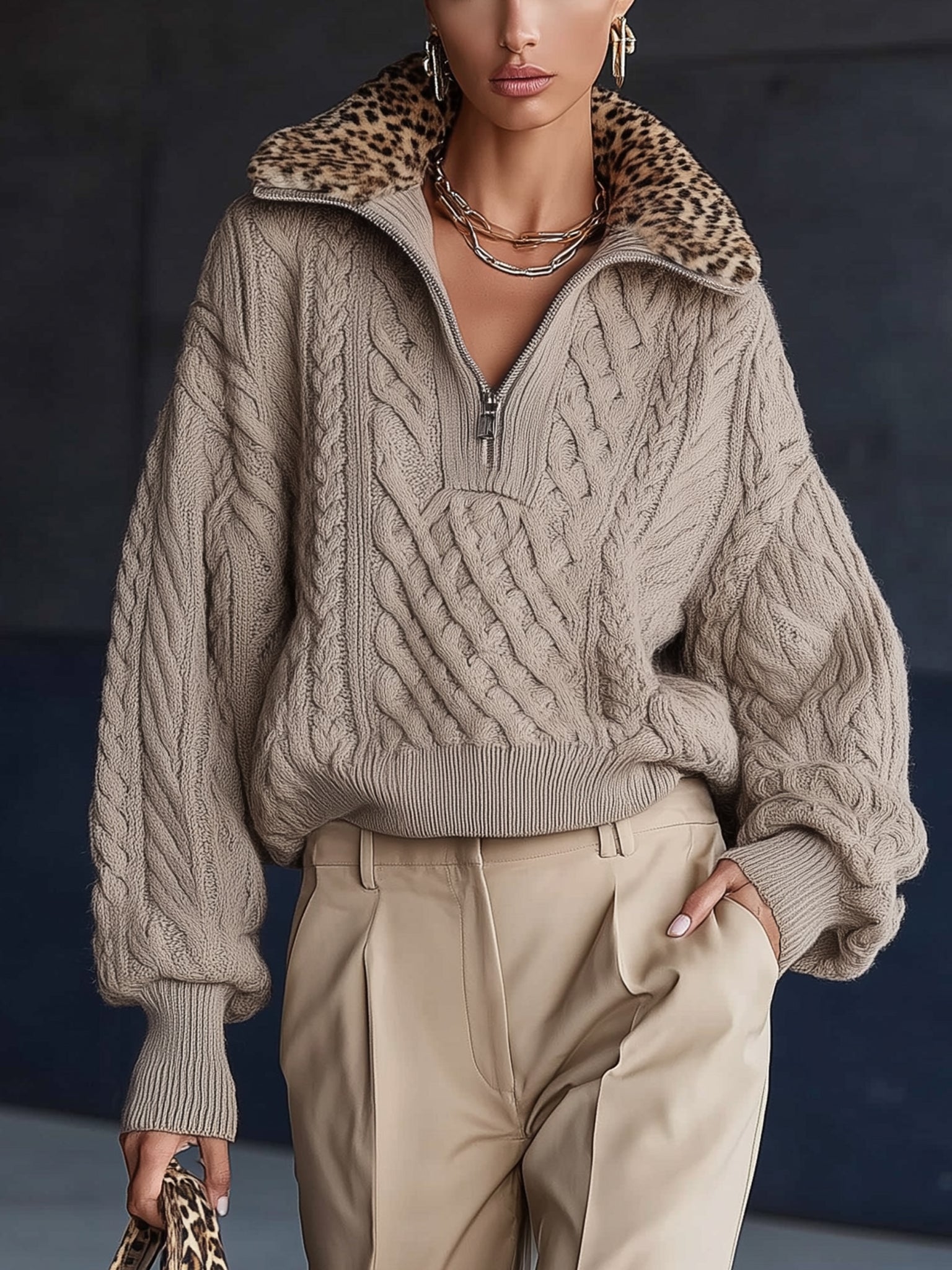 Taupe Cable Knit Pullover With Leopard Print Collar