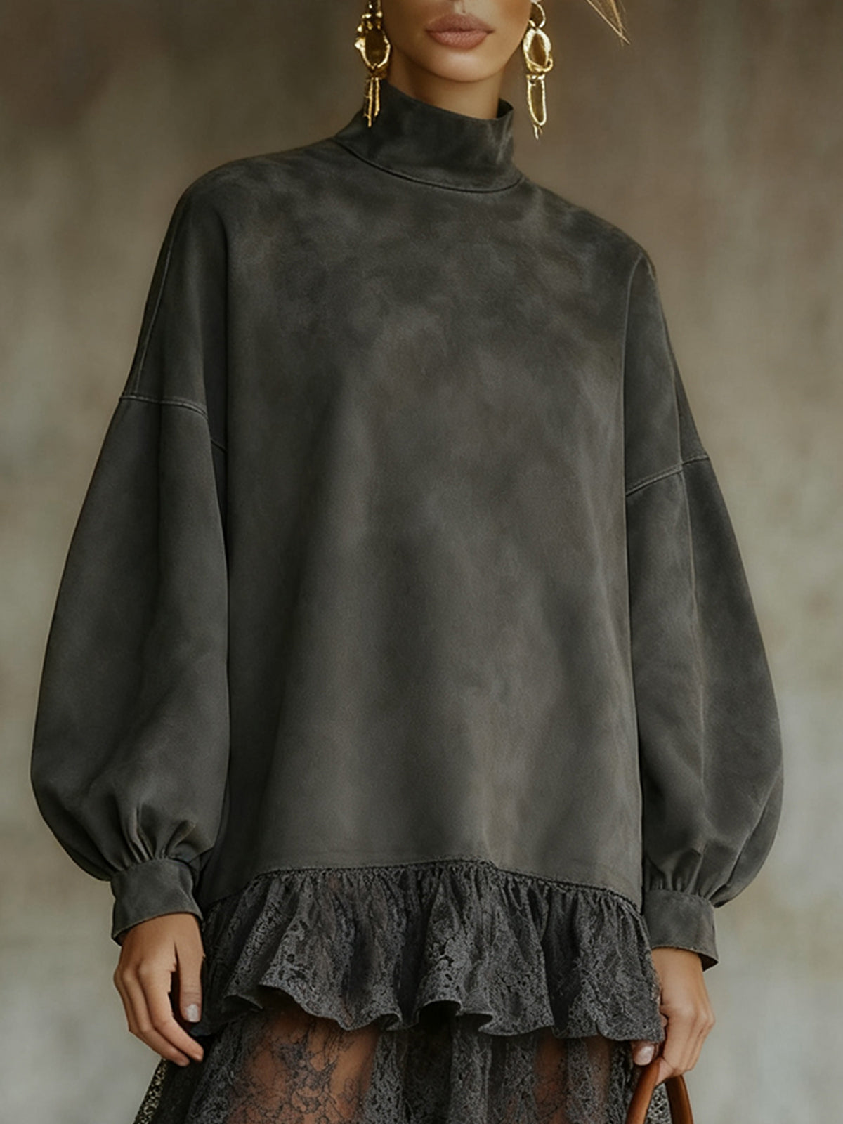 Gray Turtleneck Square Faux Suede Casual Dress With Lace Hem