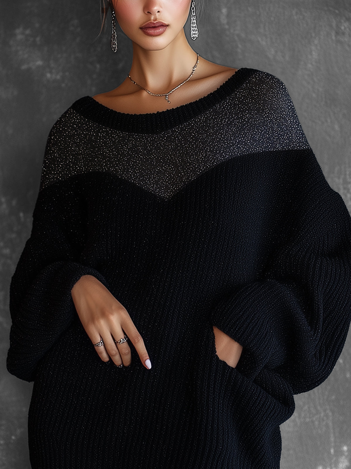 Black Oversized Knit Sweater Dress With Metallic Detail