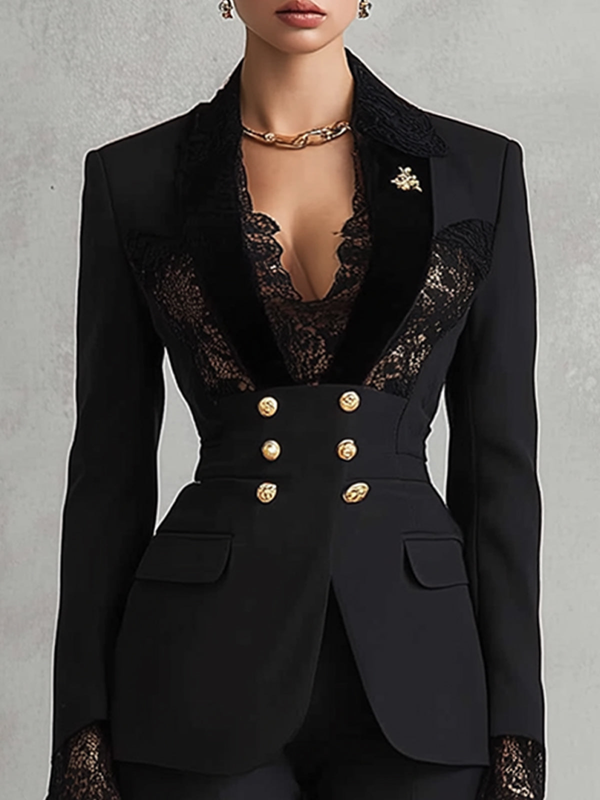 Black Lace Panel Double Breasted Tailored Blazer