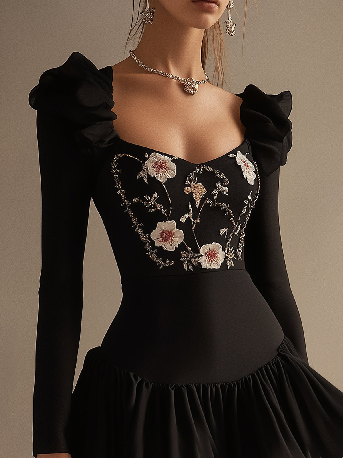 Black Floral Embroidered Ruffle Hem Mini Dress