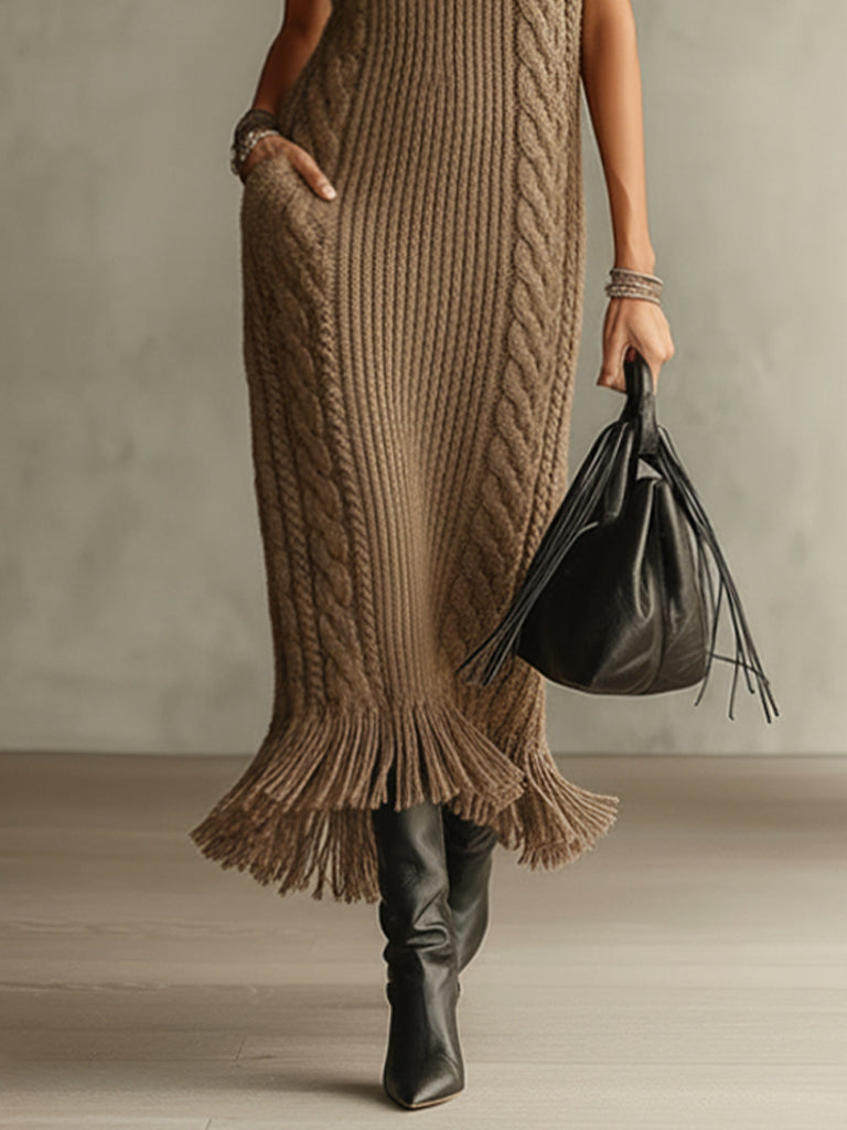 Khaki Sleeveless High-Neck Cable Knit Fringe Maxi Dress