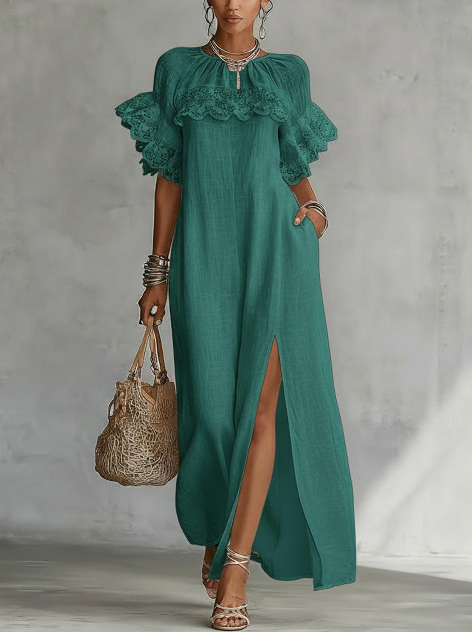 Green Ruffle-Lace Sleeve Maxi Dress With Front Slit