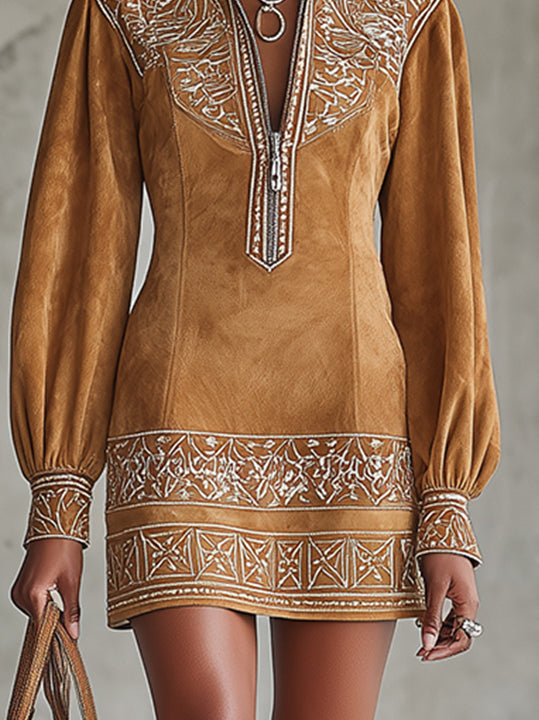 Camel Faux Suede Mini Dress With Embroidered Details And Zip Front