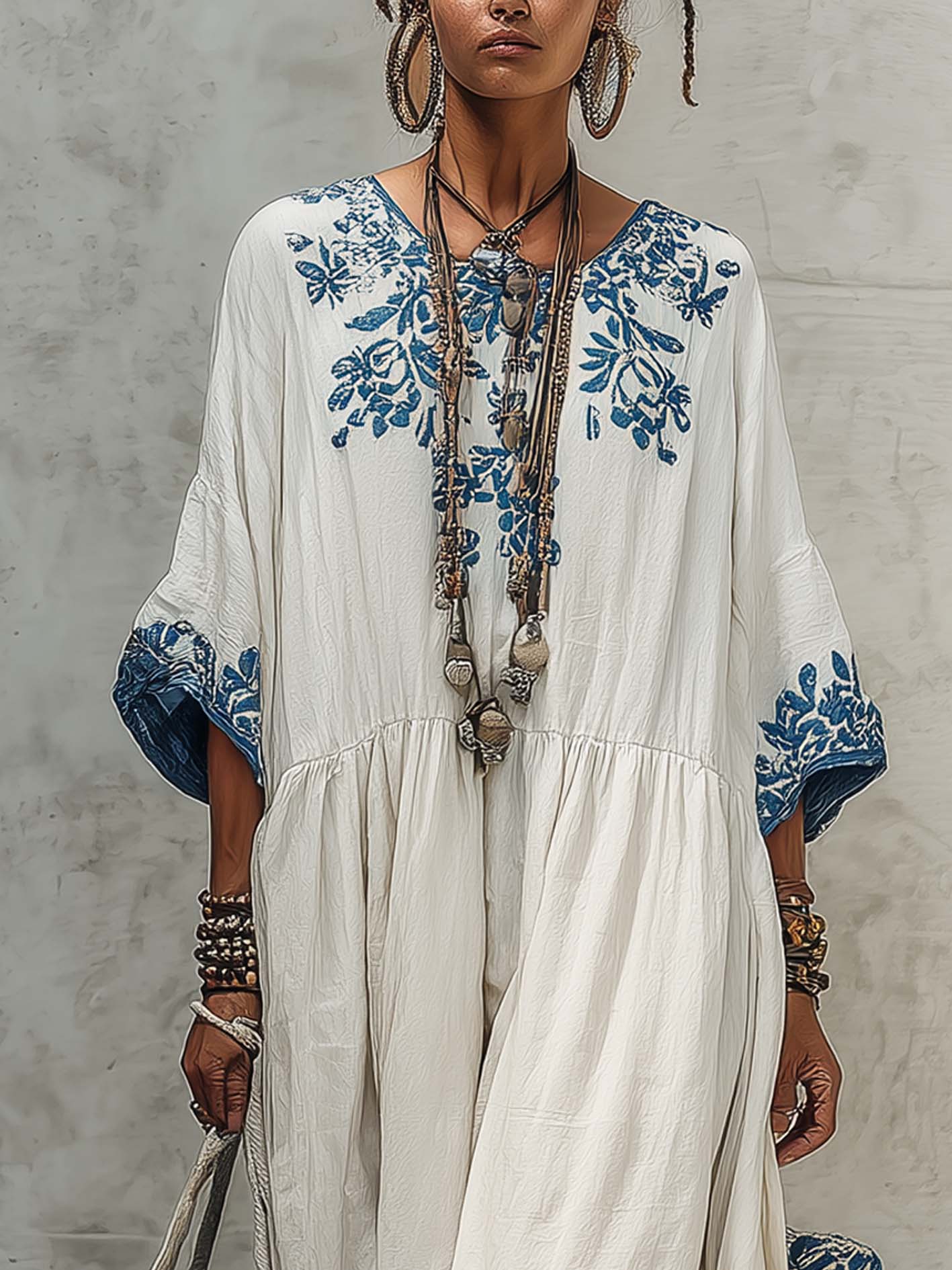 White Cotton Linen Maxi Dress With Exquisite Blue Embroidered Floral