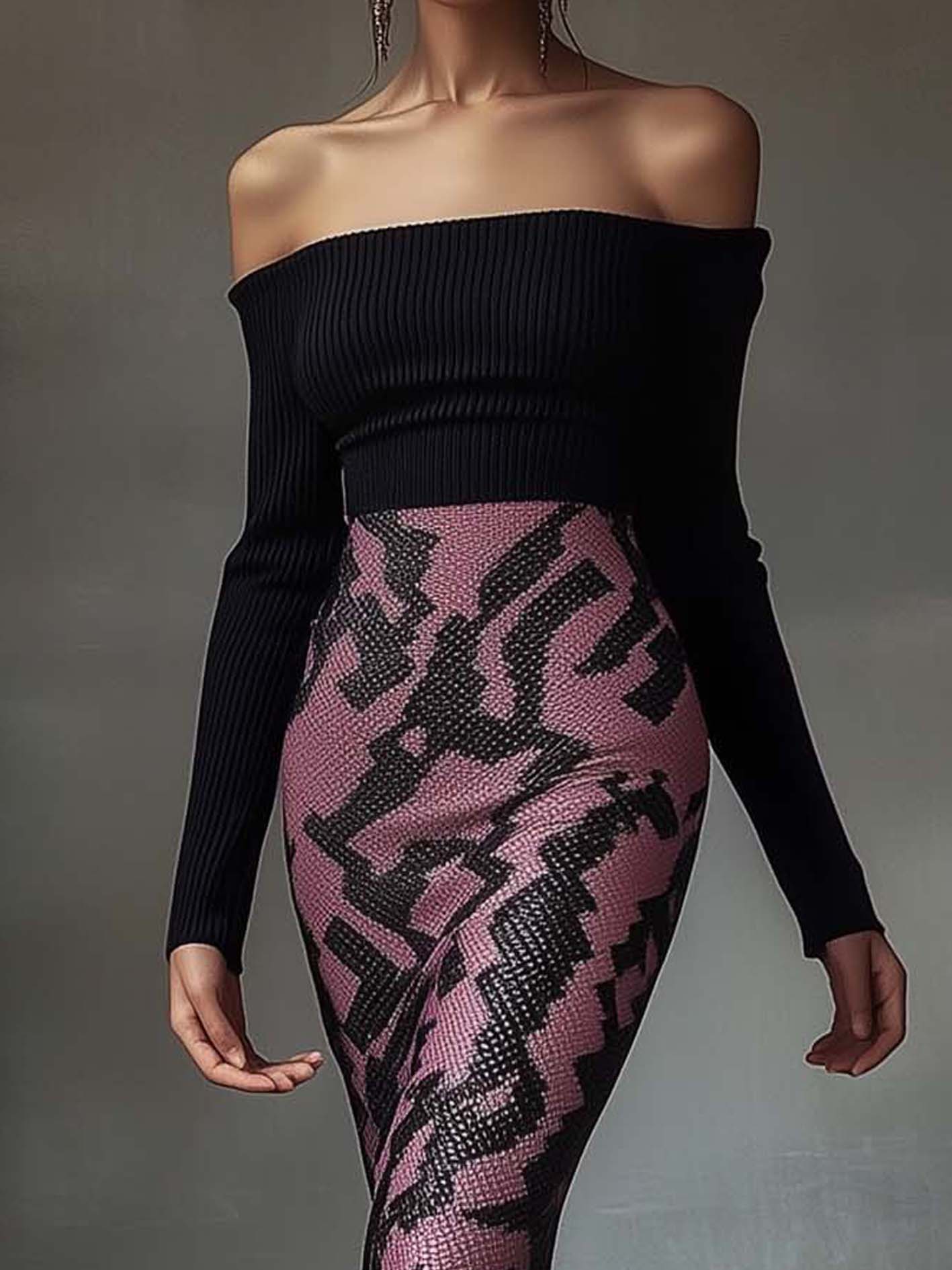 Off Shoulder Black Midi Bodycon Dress With Tassels And Snake Print