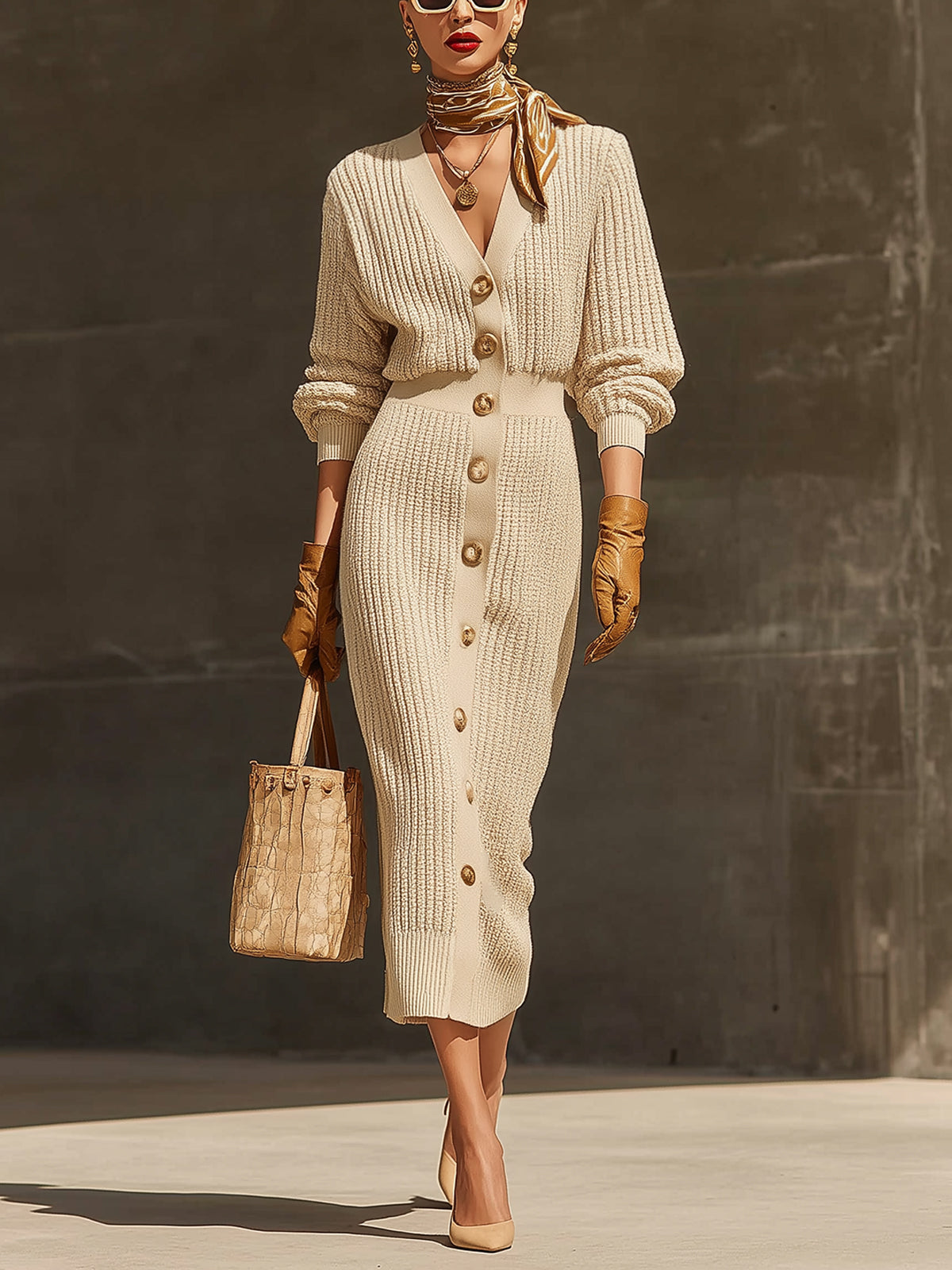 Beige Elegant Ribbed Knit Midi Dress With Button Accents