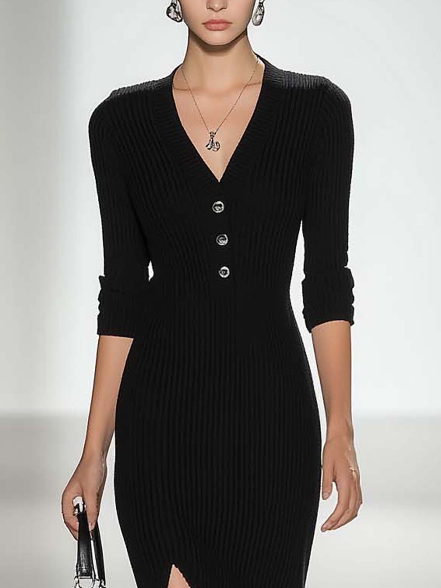 Side Slit Simple Black Knitted Midi Bodycon Dress