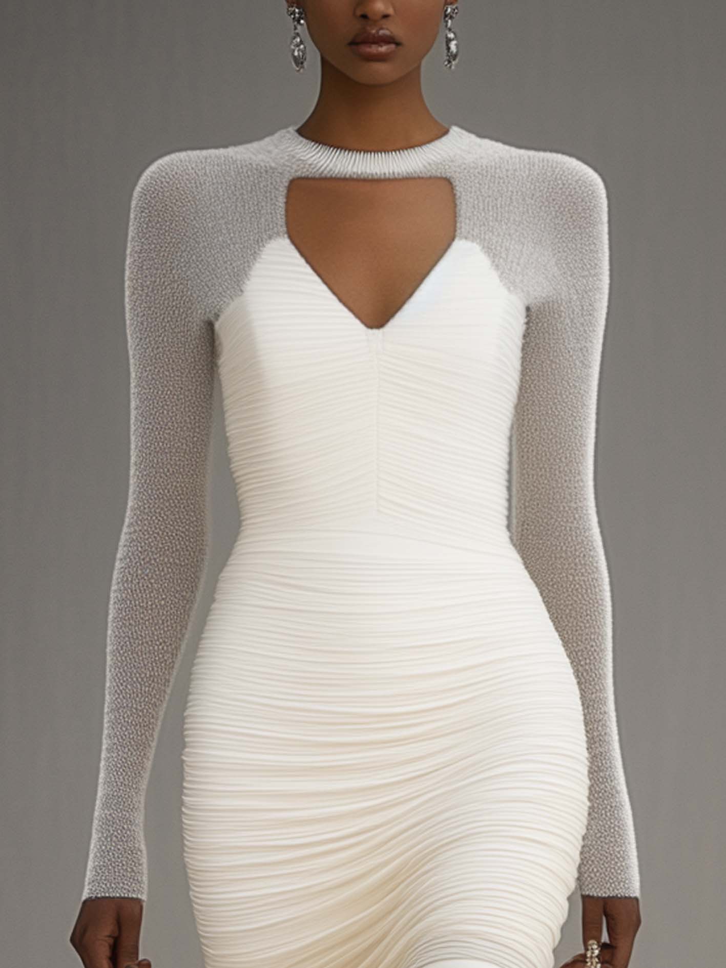 White Textured Knitted Mini Dress With Mesh Stitching