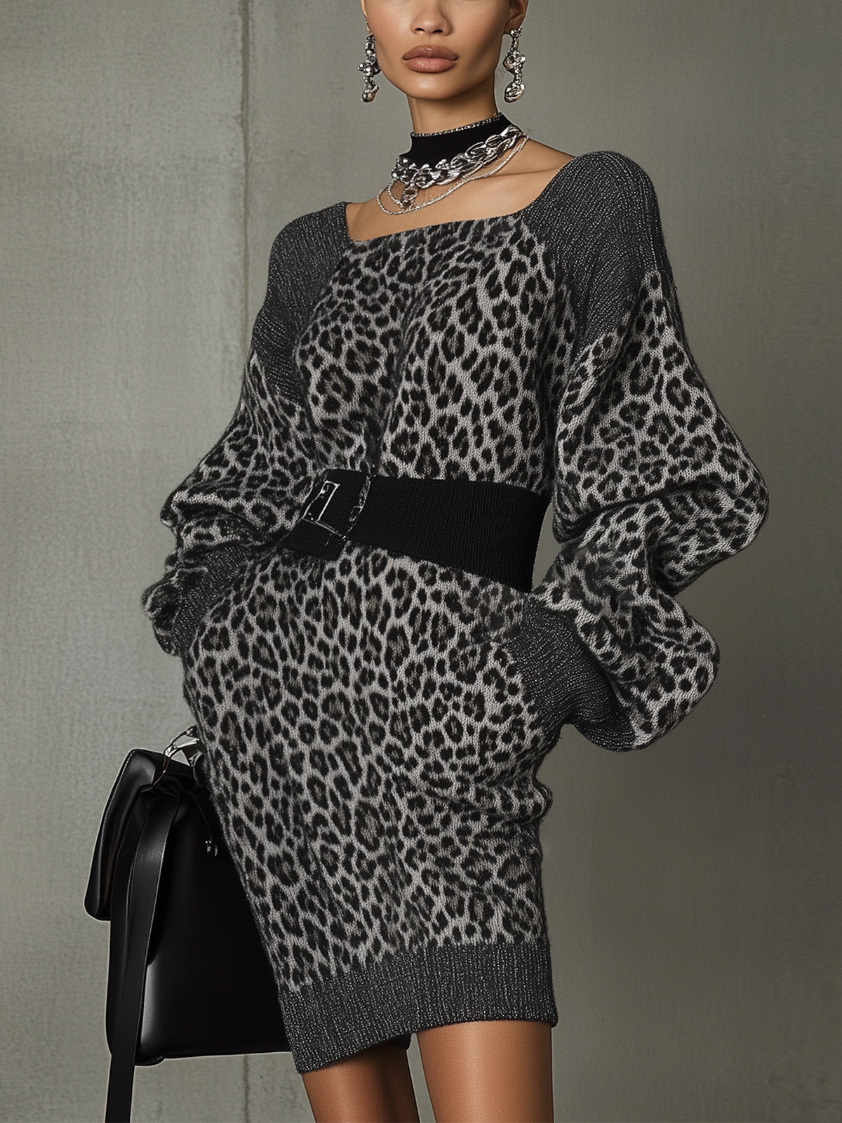 Gray Leopard Knit Balloon Sleeve Belted Mini Dress