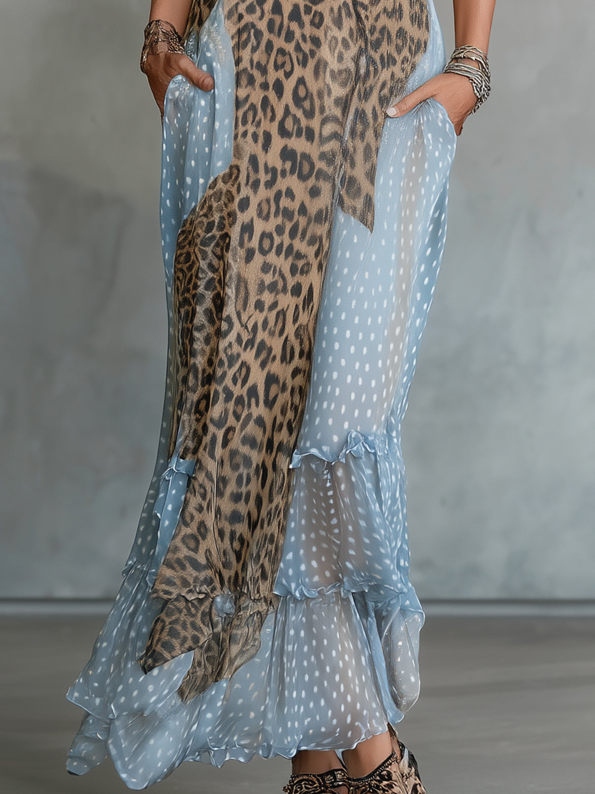 Blue Polka Dot And Leopard Patchwork Chiffon Maxi Dress