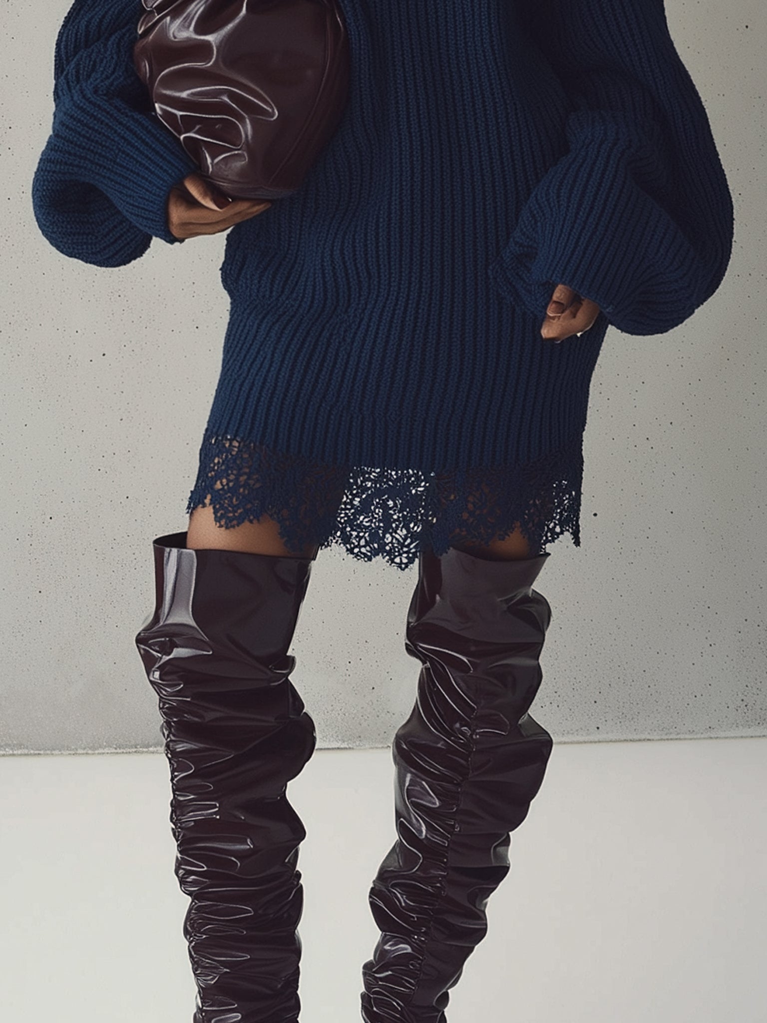Navy Turtleneck Ribbed Knit Mini Dress With Lace Hem