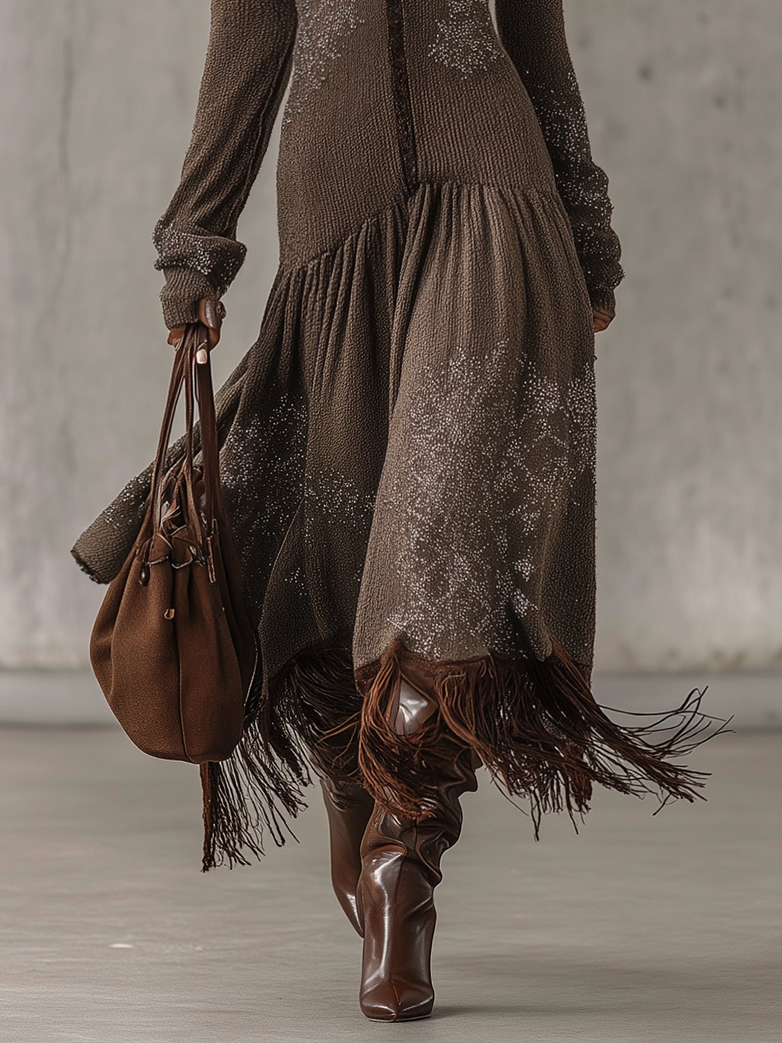 Brown Knit Fringe Bohemian Fringe Long Sleeve Maxi Dress