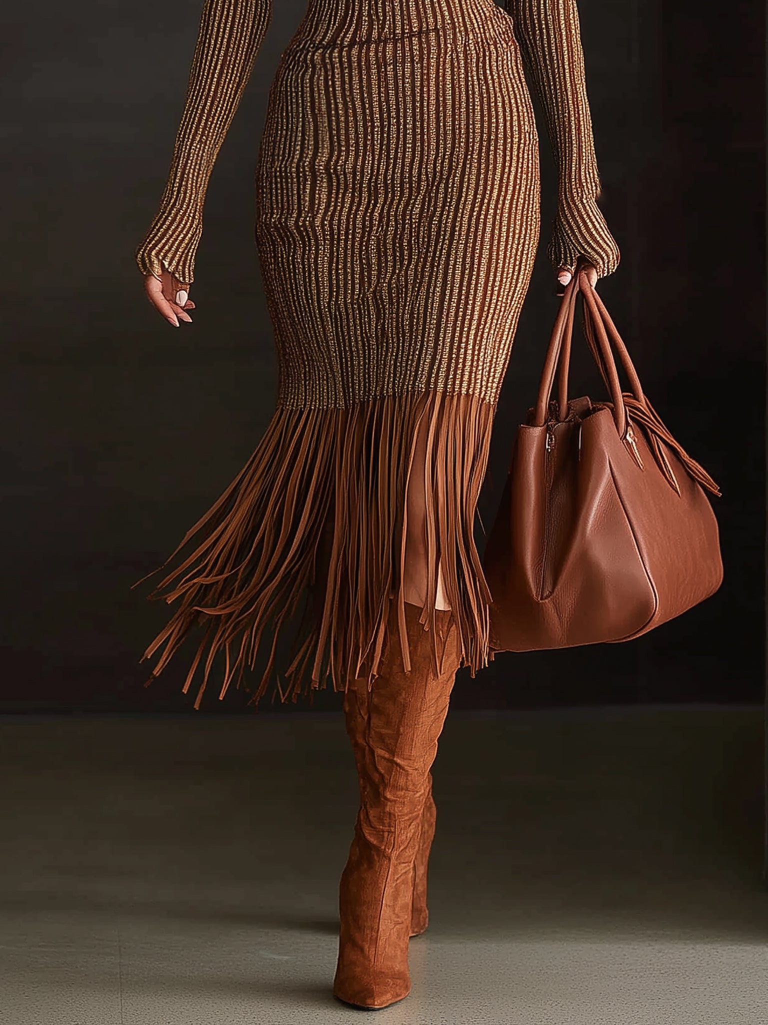 Brown Ribbed Knit Turtleneck Fringed Long Sleeve Bodycon Dress