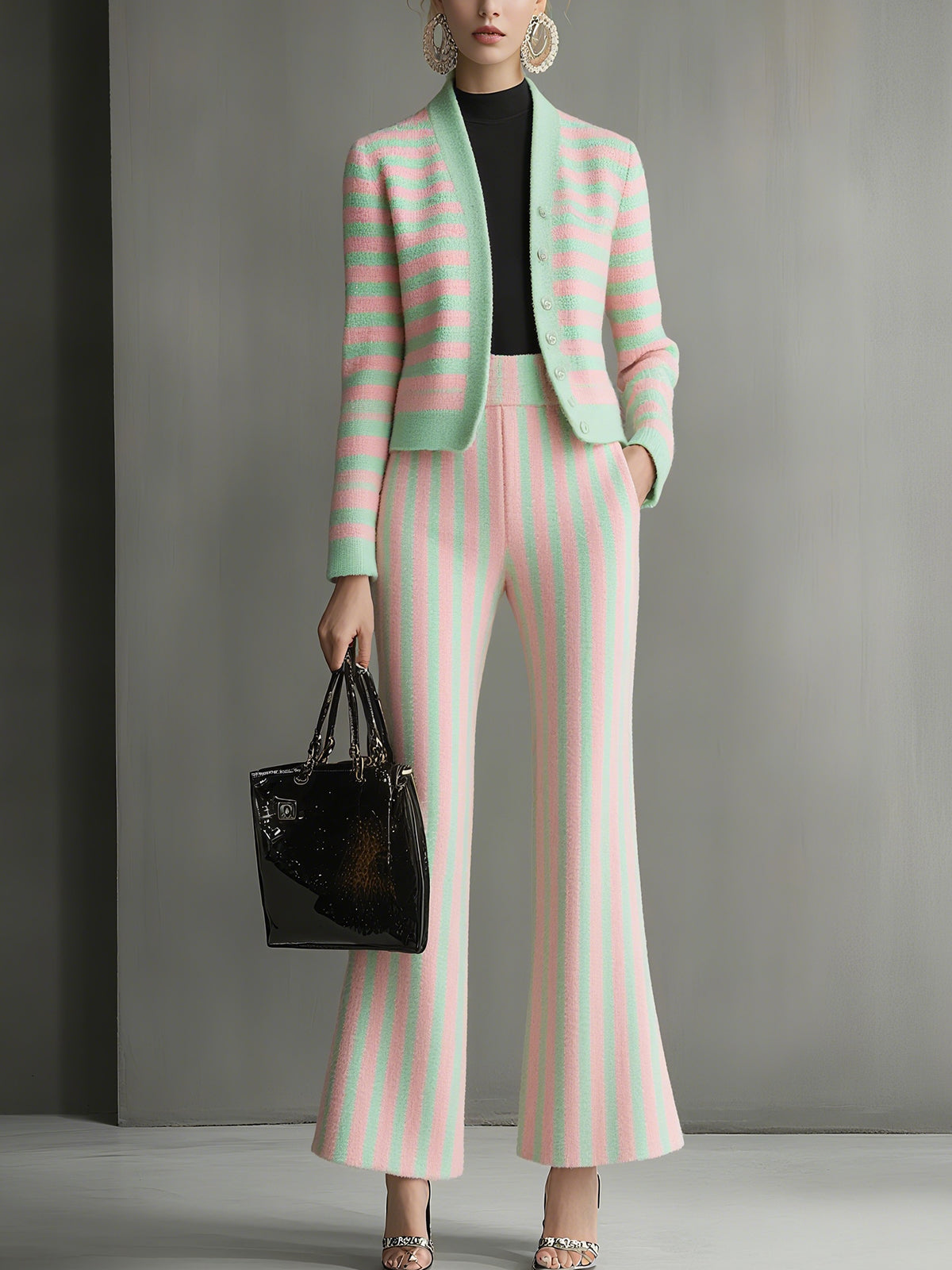 Pastel Striped Knit Cardigan And Wide Leg Pants Set