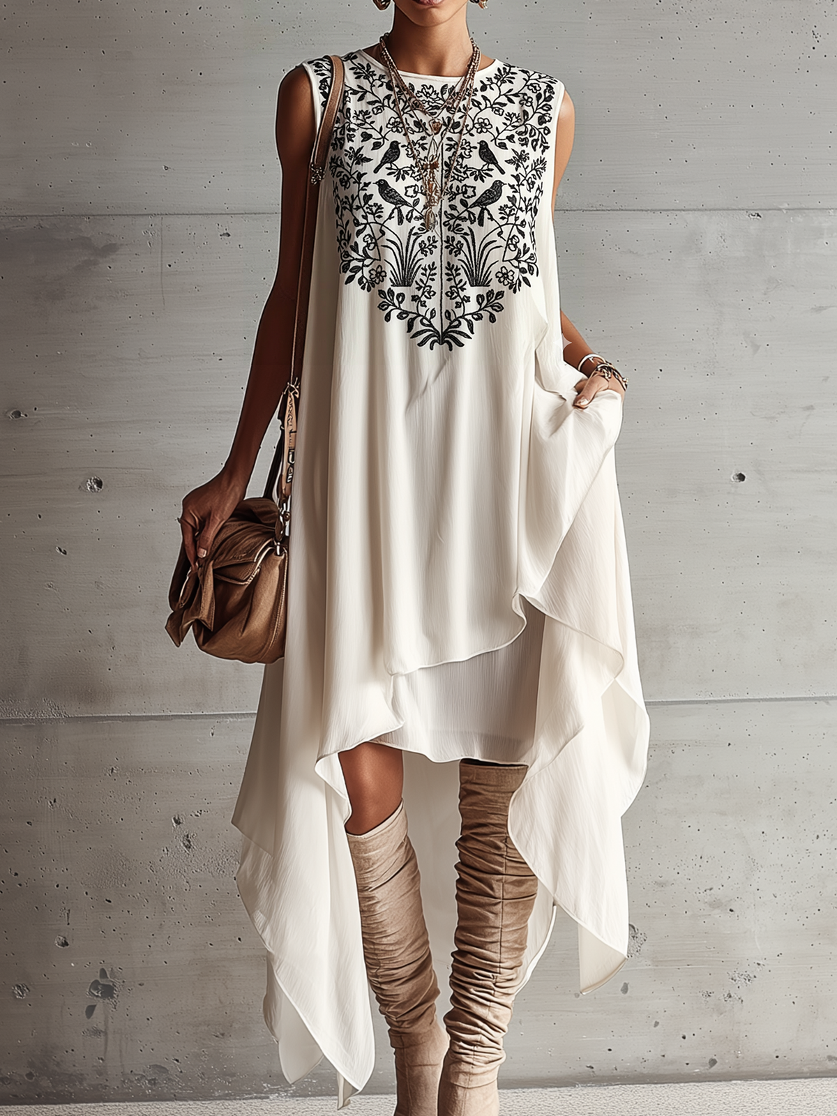 White Black Embroidered Asymmetric Chiffon Sleeveless Midi Dress