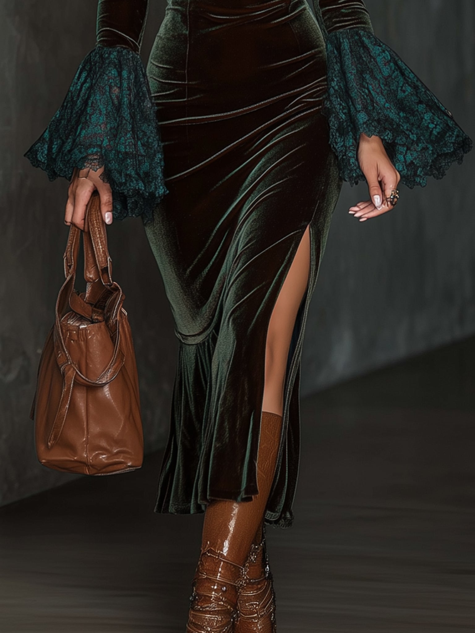 Emerald Velvet Lace Trimmed V-Neck Slit Long Sleeve Bodycon Dress