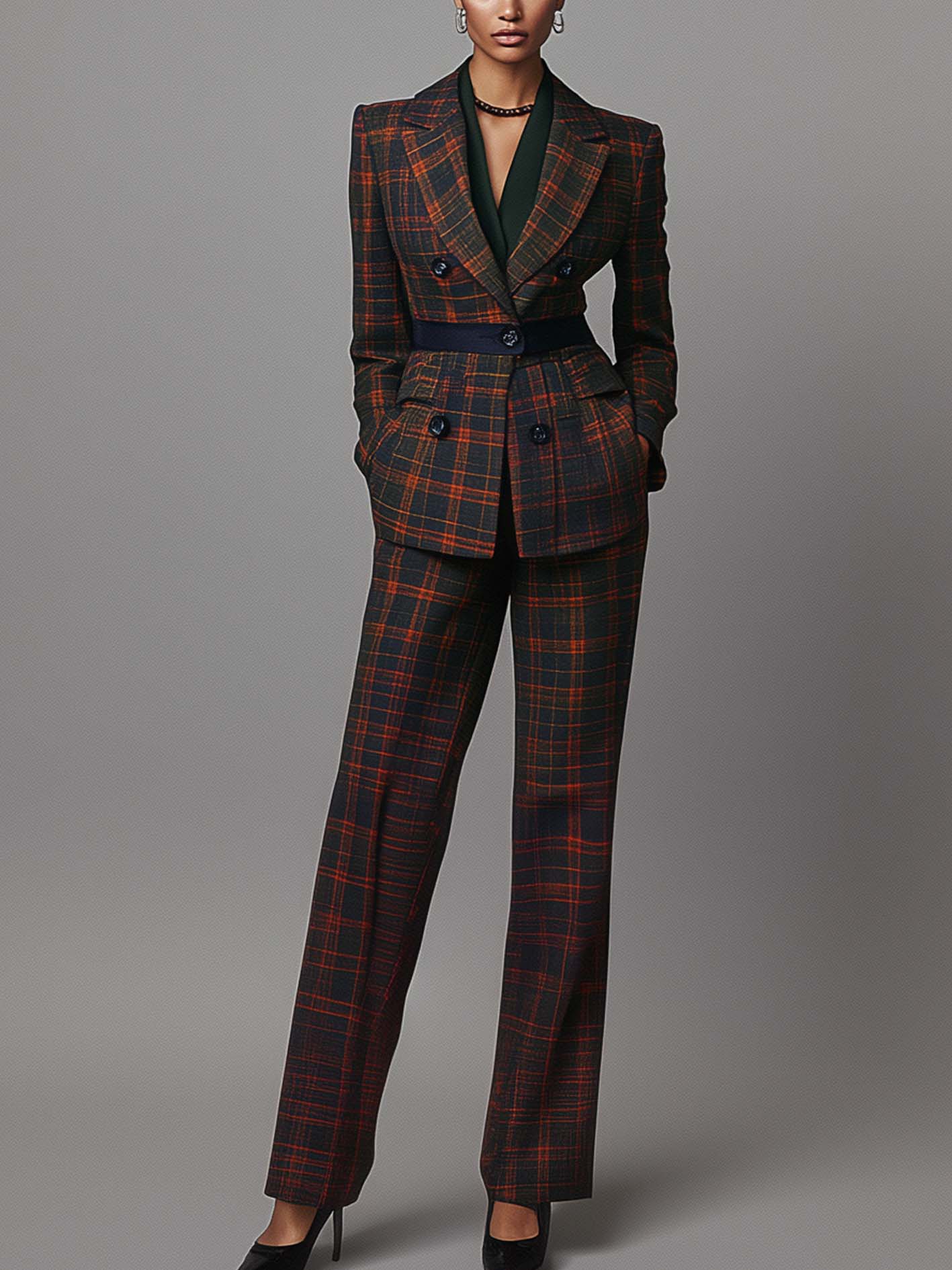 Dark Blue Suit With Orange And Brown Plaid