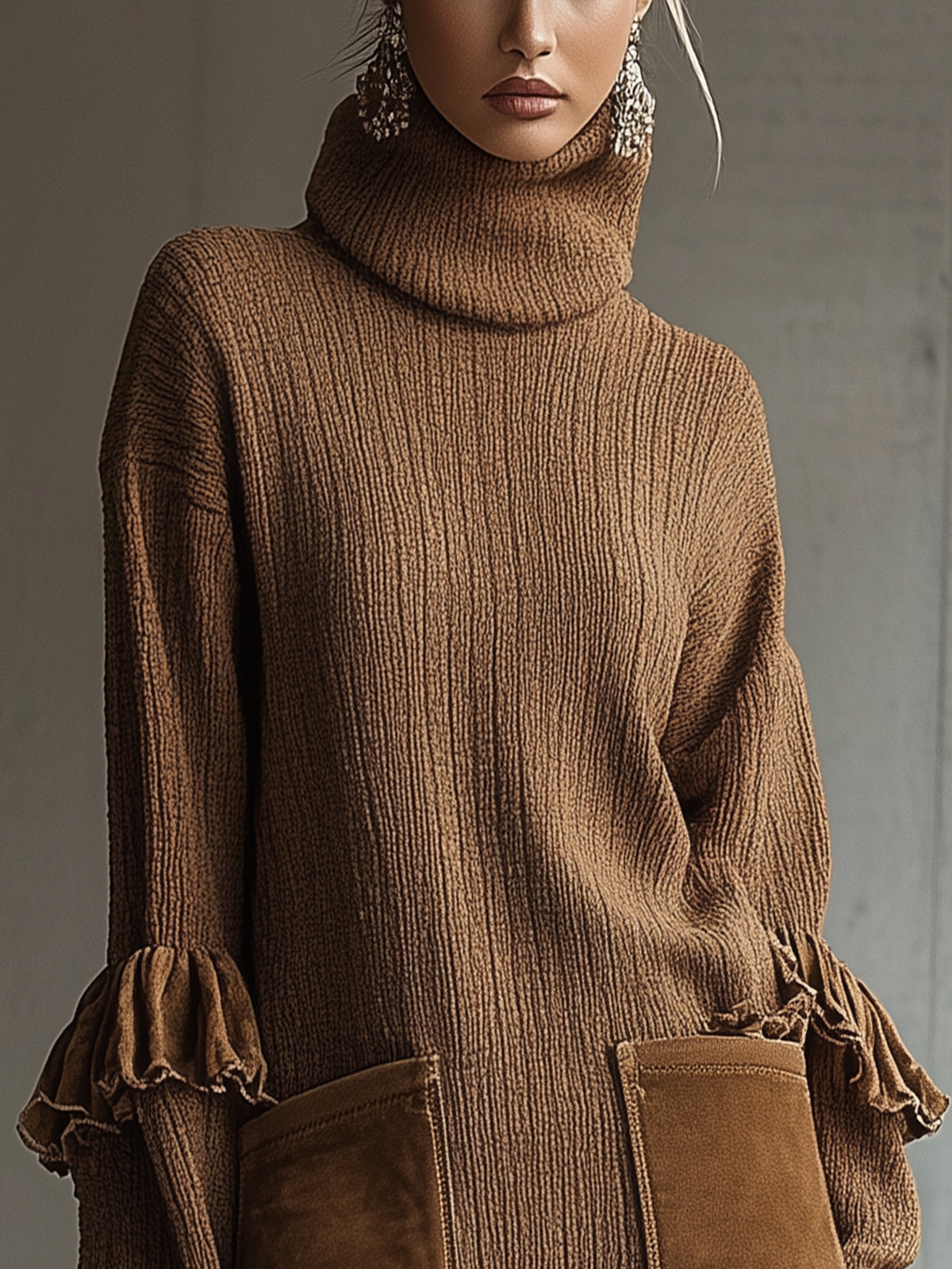 Brown Knit Turtleneck Dress With Ruffle Hem And Suede Pockets