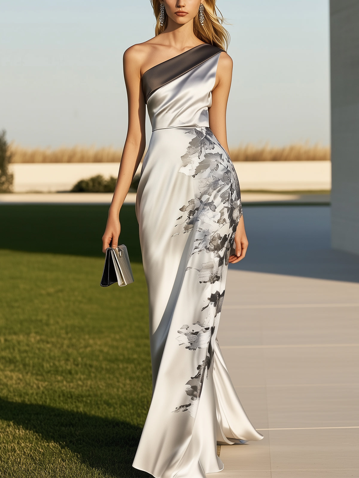 Unique One Shoulder Floral Print Satin Bodycon Maxi Dress