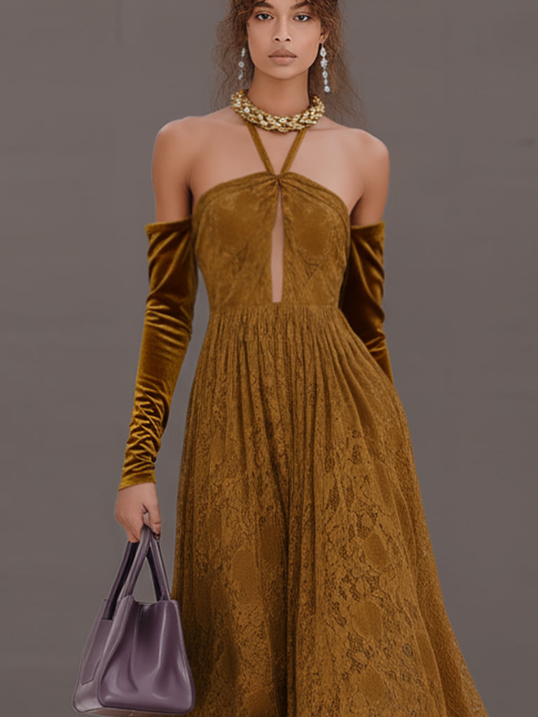 Coffee Lace Halter Maxi Dress With Velvet Sleeves