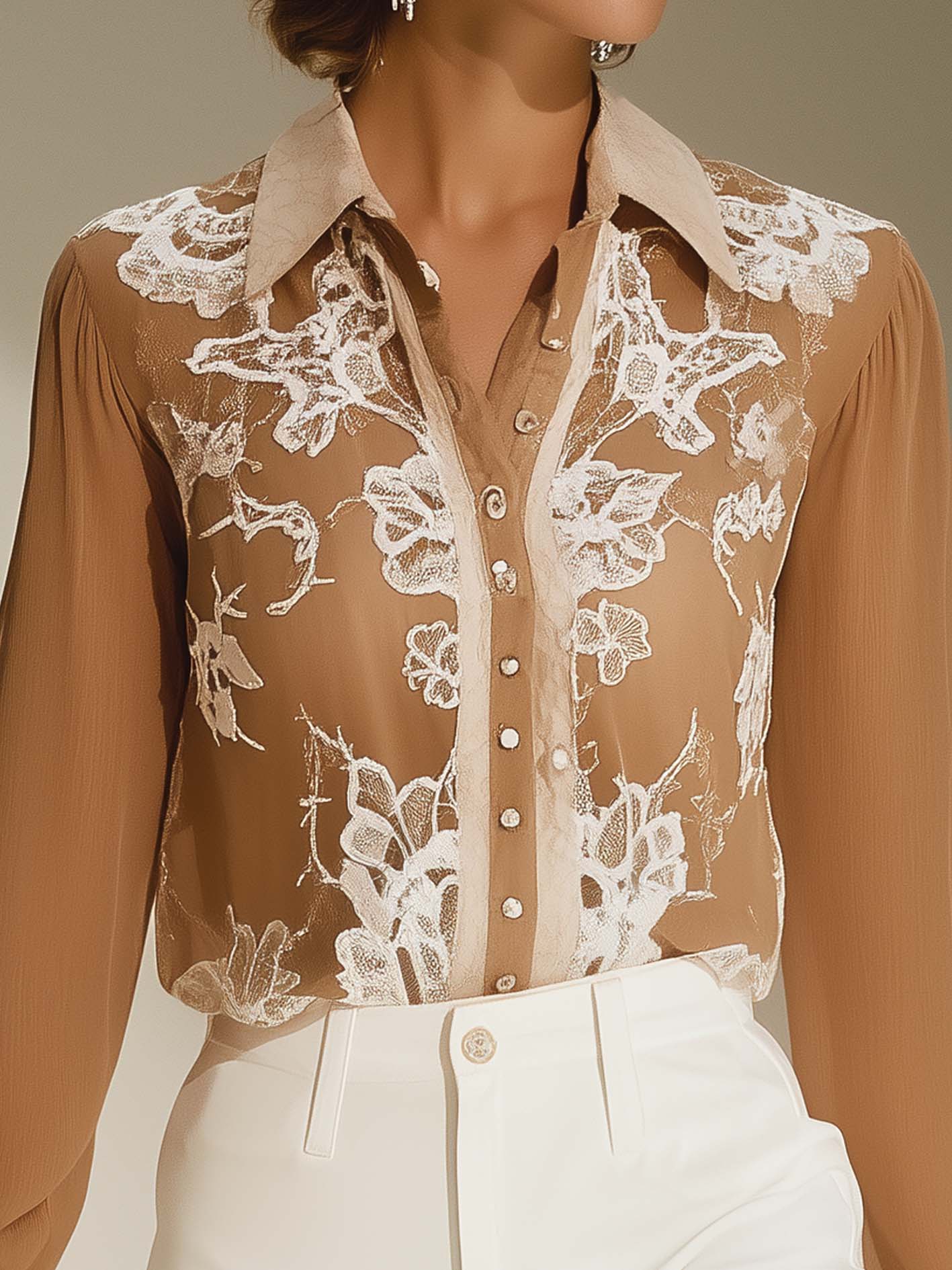 Brown Chiffon Blouse With Openwork Lace Print