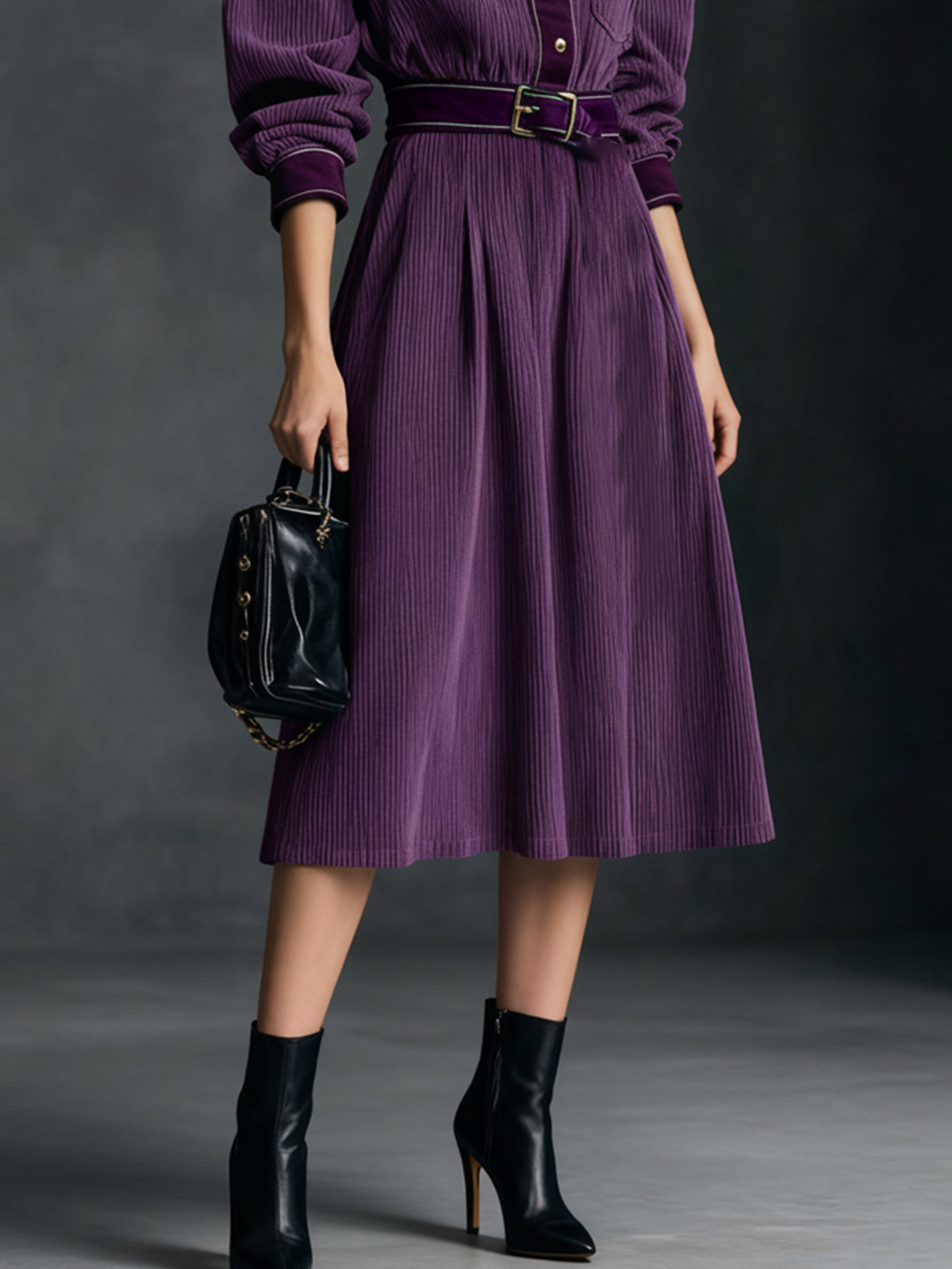 Purple Corduroy Belted Midi Dress
