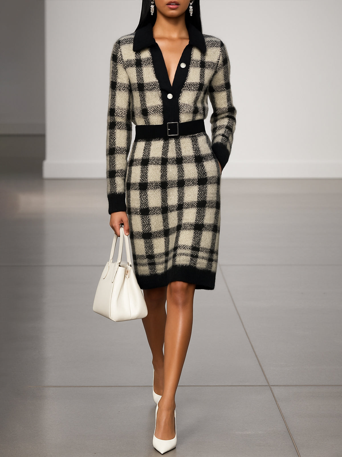 Plaid Knit Sweater Dress With Pocket