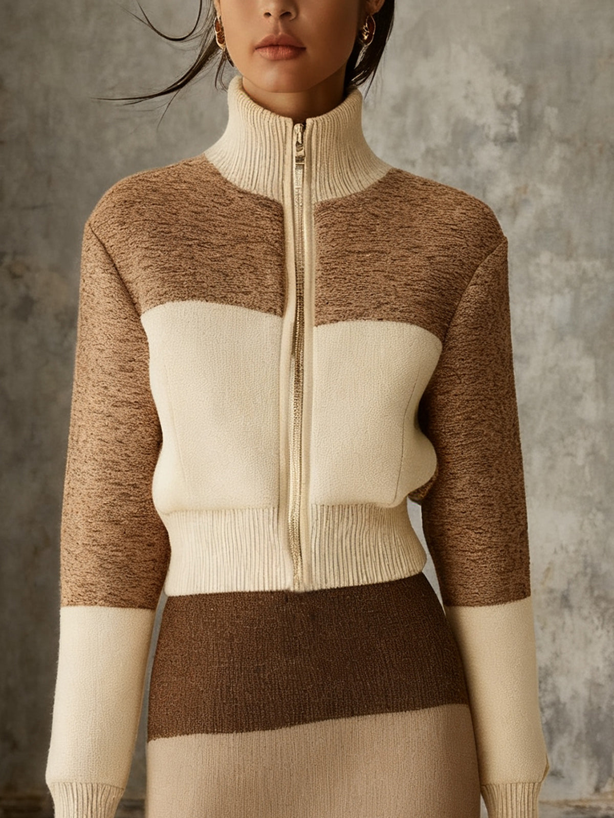 Color-Block Knit Sweater And Skirt Set