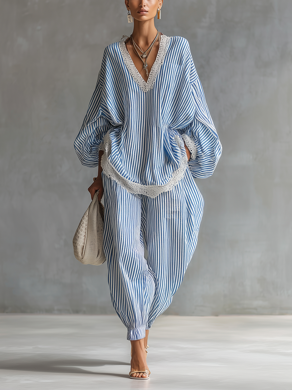 Blue Striped Lace-Trimmed Cotton Relaxed Two-Piece Set