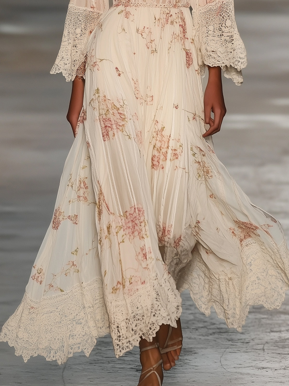 Ivory Floral Chiffon Lace Trim Deep V-Neck Bell Sleeve Maxi Dress