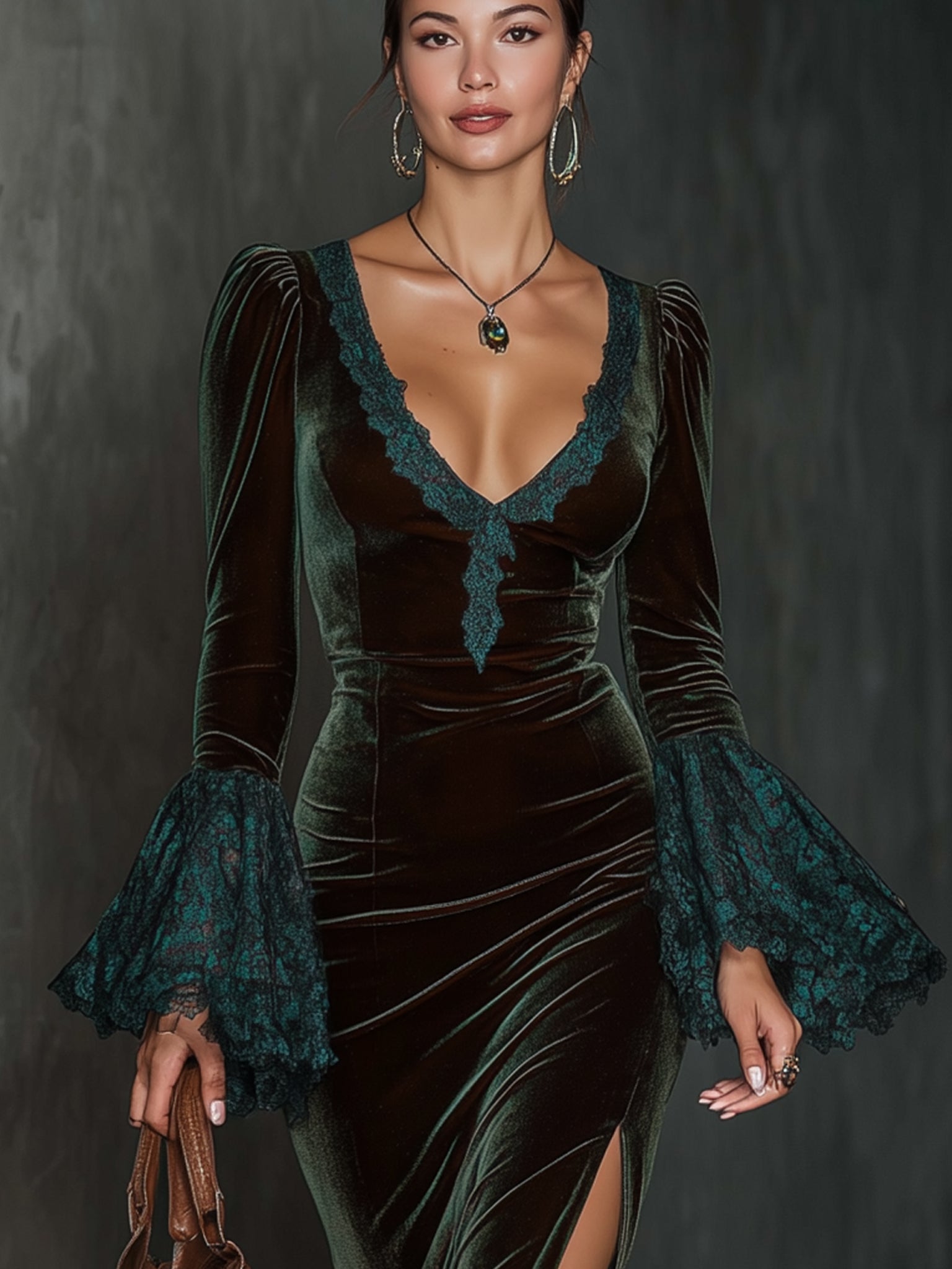 Emerald Velvet Lace Trimmed V-Neck Slit Long Sleeve Bodycon Dress