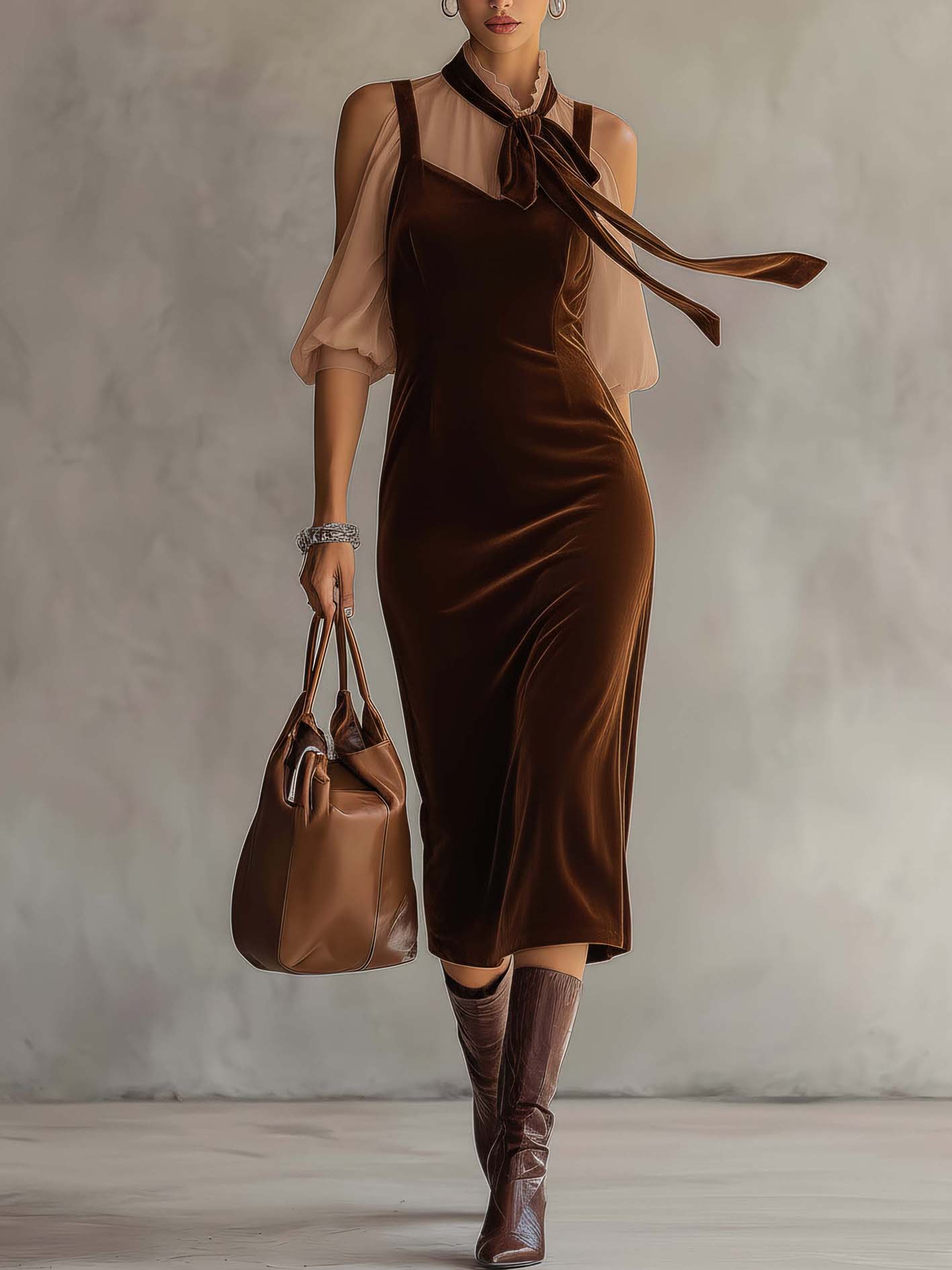 Brown Velvet Bodycon Dress With Chiffon Contrast Layer And Bow Tie Neck