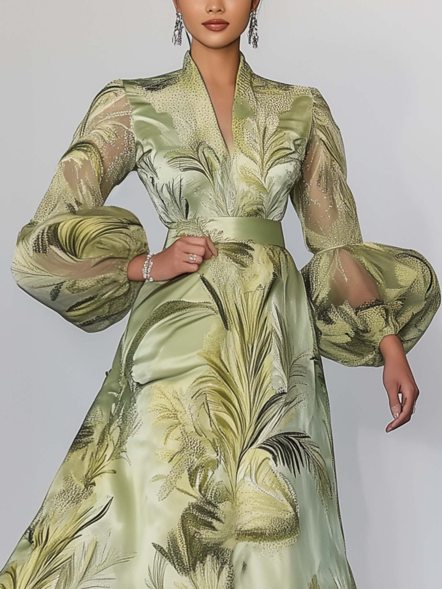 Light Green Satin Maxi Dress With Botanical Print