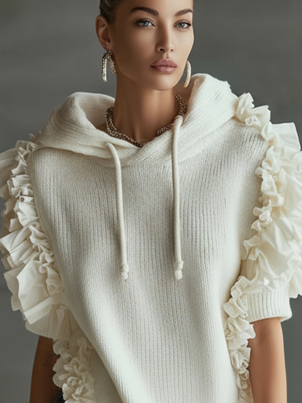 White Knit Hoodie Top With Ruffled Trim