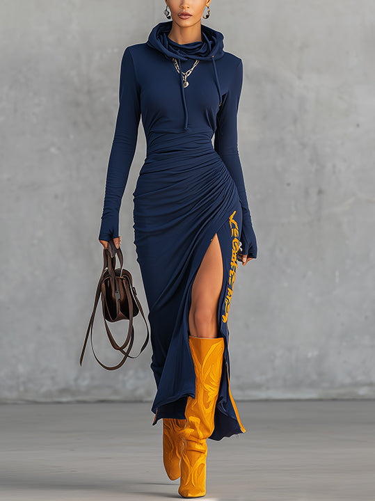 Navy Draped Hoodie Maxi Dress With Side Slit And Contrast Letter Detail