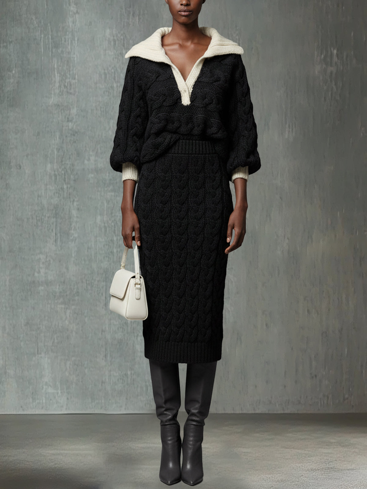 Black Sophisticated Cable Knit Set