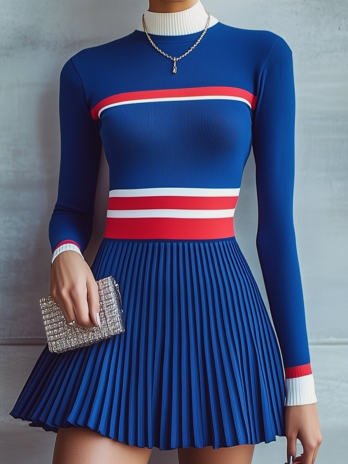 Royal Blue Colorblock Pleated Long Sleeve Mini Dress