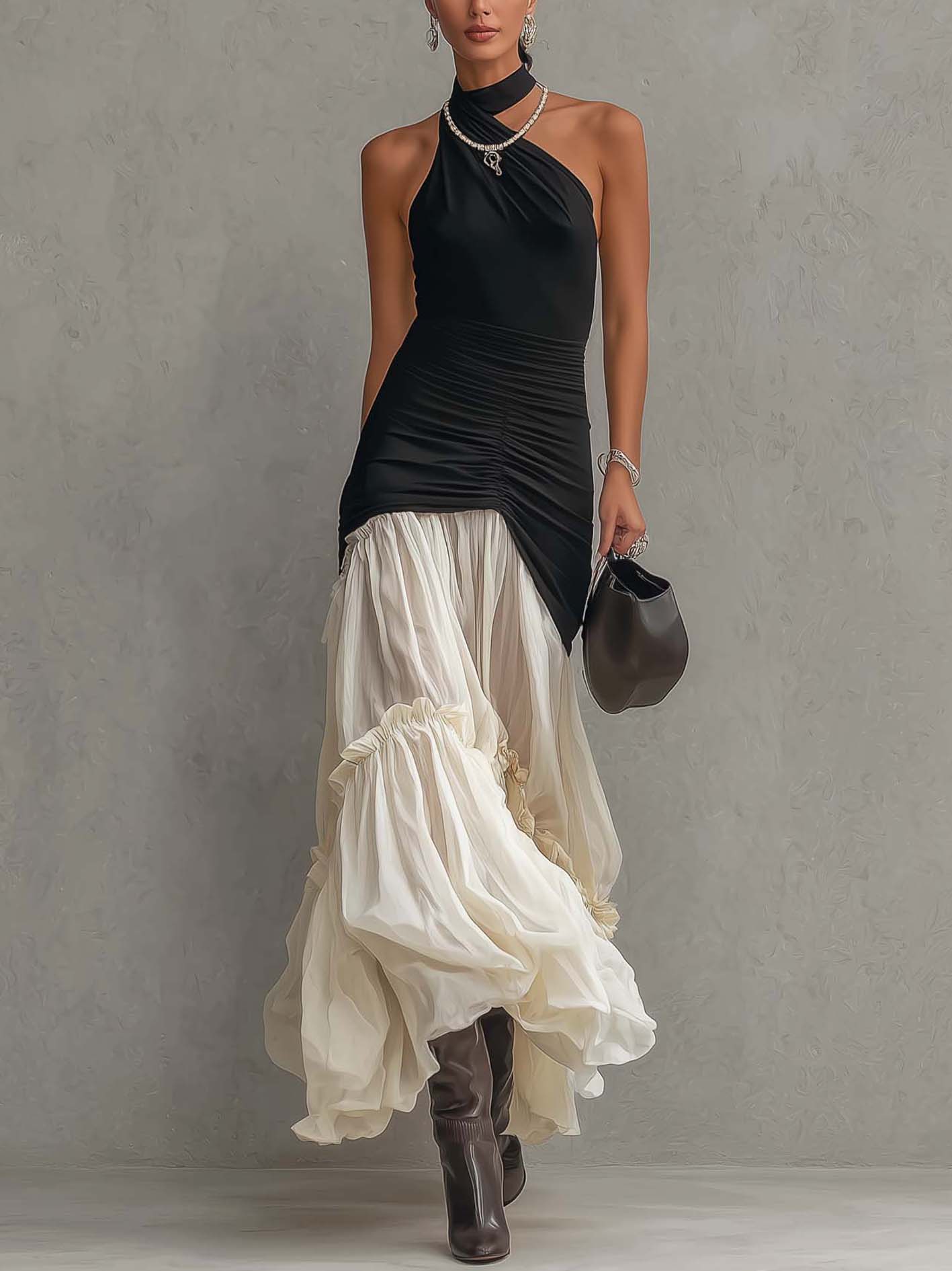 Black Satin And Chiffon Patchwork Maxi Dress
