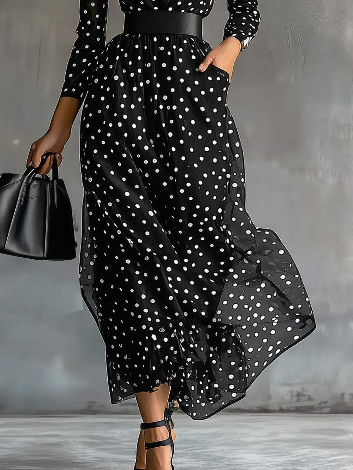 Black Polka Dot High Neck Maxi Dress With Long Sleeves