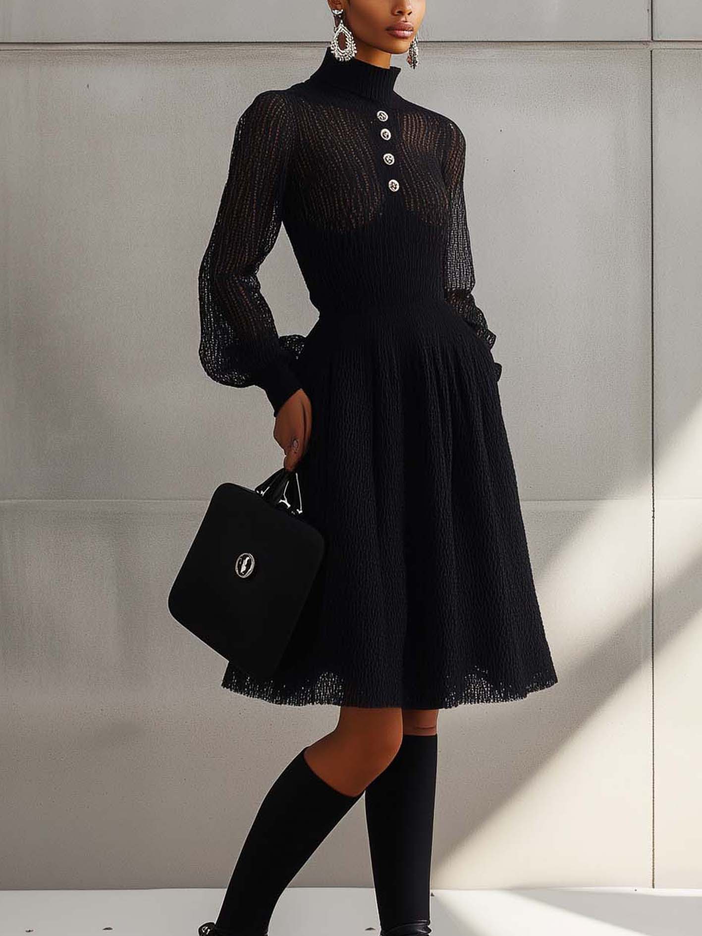 High Collar Black Lace Midi Dress With Silver Buttons