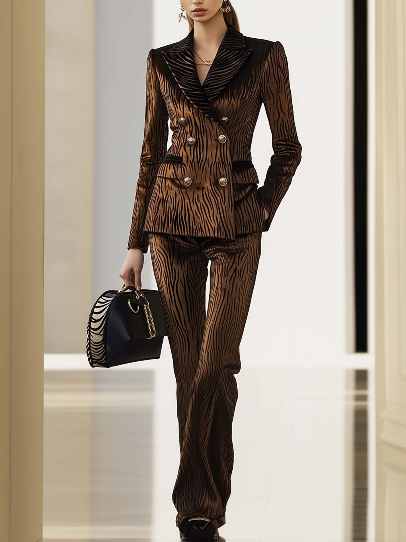 Brown Velvet Suit With Zebra Print