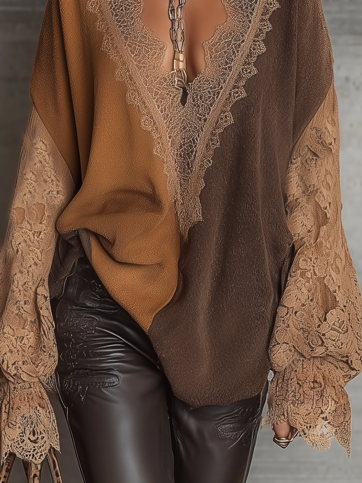 Brown Lace Trim V-Neck Sweater With Lace Sleeves