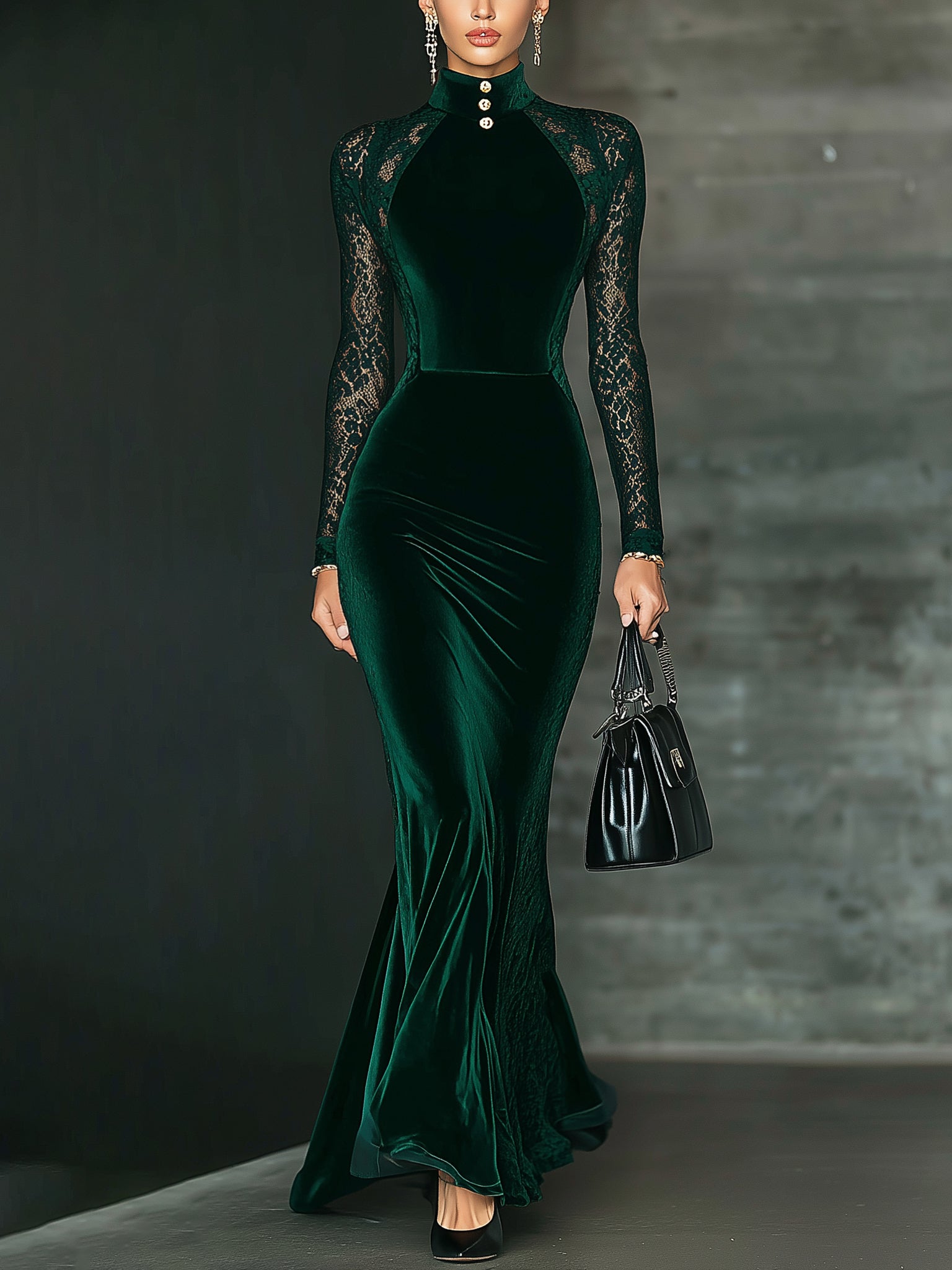 Emerald Velvet Lace High Neck Long Sleeve Maxi Dress