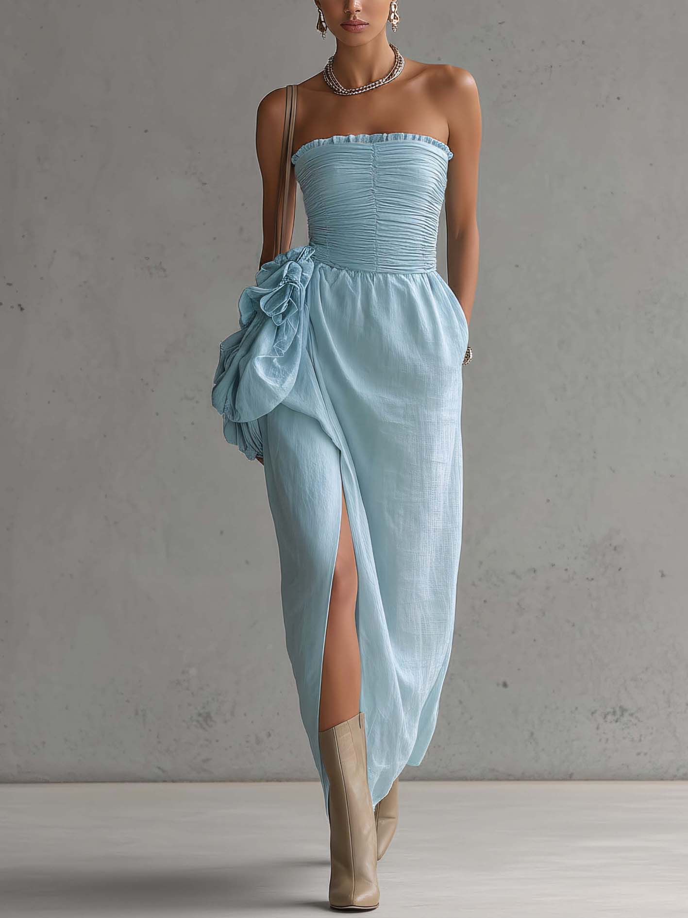 Light Blue Satin Patchwork Linen Off Shoulder Ruched Maxi Dress