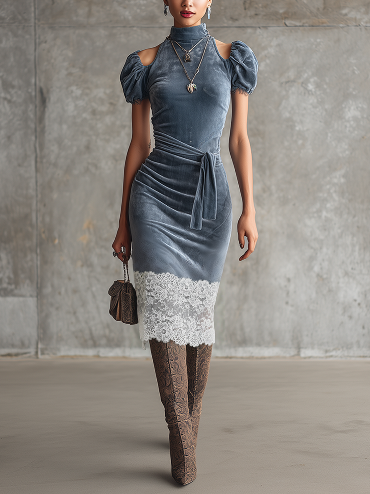 Blue Velvet Puff-Sleeve Lace-Hem Midi Dress